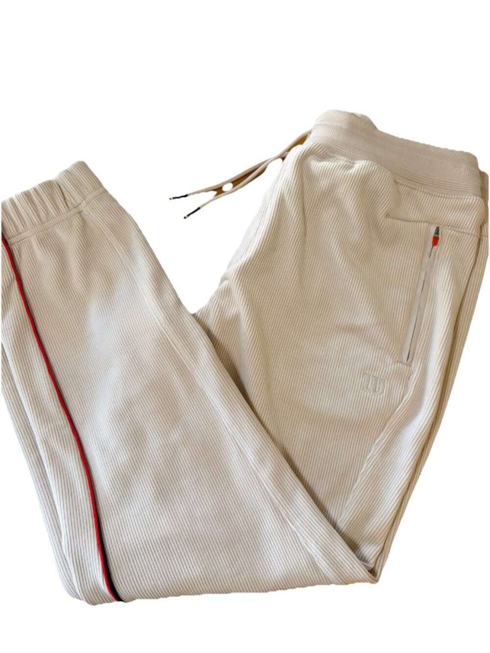 Wilson Cream Ribbed Knit Pants Joggers Sz L Womens Zip Pockets Side Back Stripe